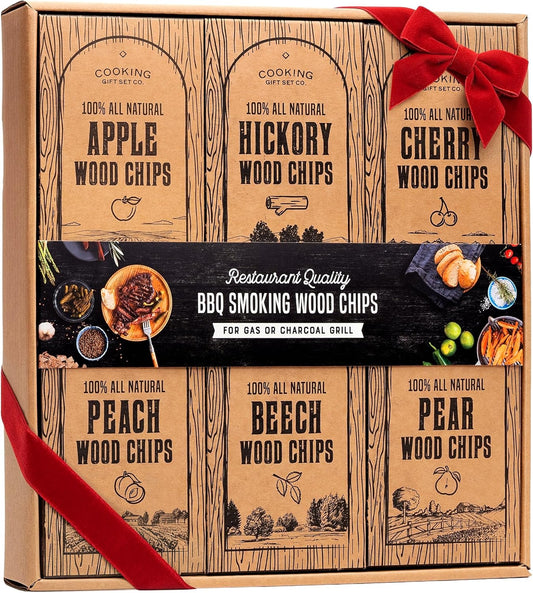 Large Wood Smoking Chips for Smoker - 6 Flavor Variety Pack of Natural Wood Chips - Apple, Hickory, Cherry, Peach, Beech, and Pear - Grilling Accessories for Smoker Grill, Charcoal and Gas Grill