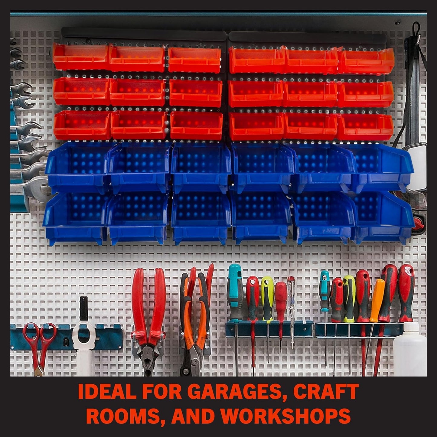 15-Bin Garage Organization Rack - Carbon Steel Rack with Removable Stackable Plastic Garage Storage Bins - Tools Organizer or Small Parts Organizer for Hardware,