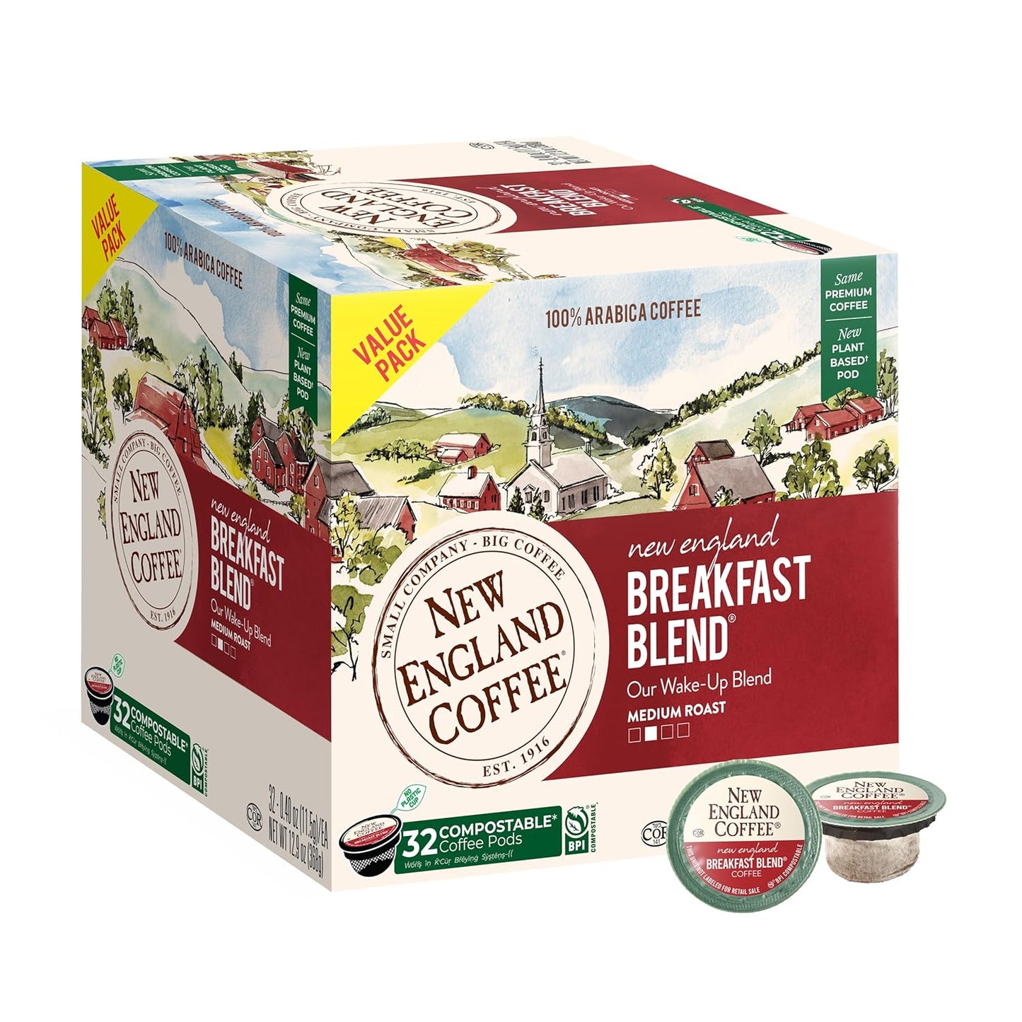 New England Coffee Breakfast Blend Medium Roast Single Serve Pods, 32ct Box (Pack of 1)