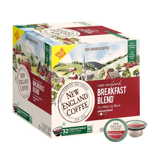 New England Coffee Breakfast Blend Medium Roast Single Serve Pods, 32ct Box (Pack of 1)
