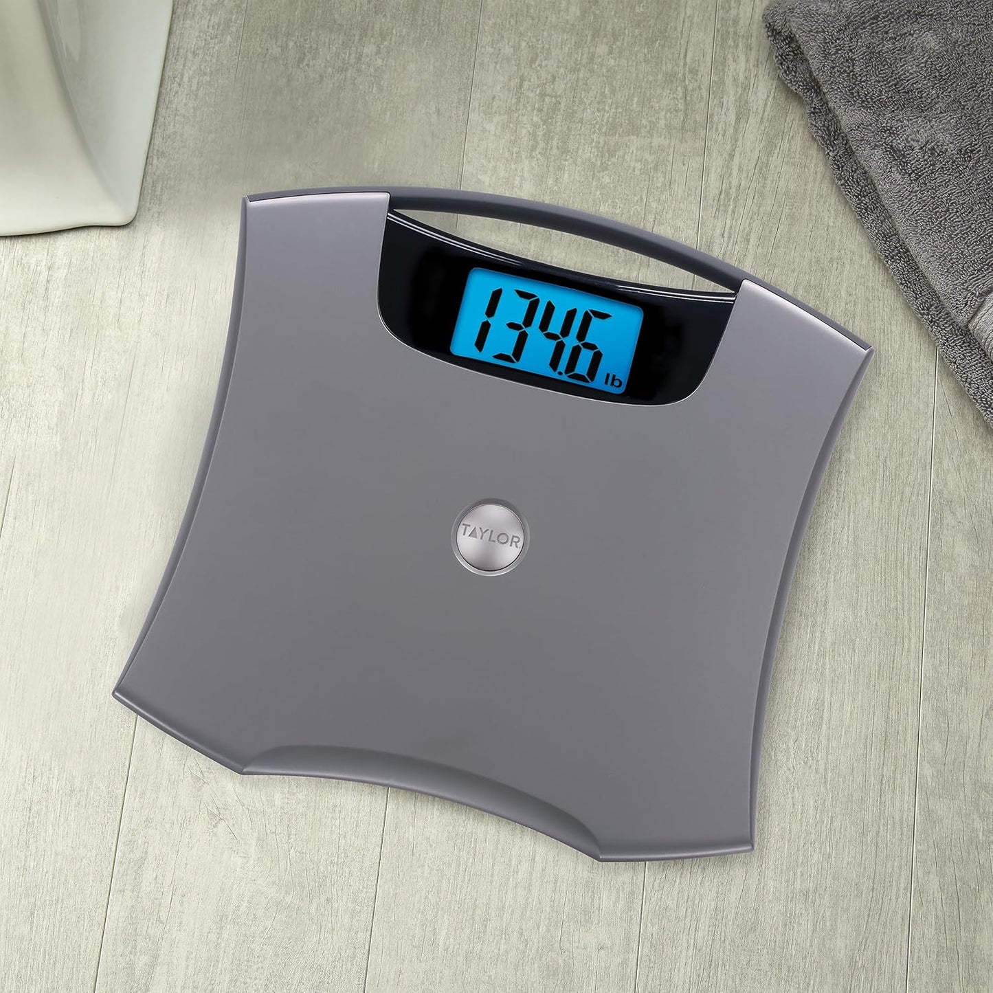Taylor Digital Scales for Body Weight, Extra High 440 LB Capacity, Built in Handle, Jumbo Blue Readout, Durable Platform, 13.0 x 12.0 Inches, Silver Metallic