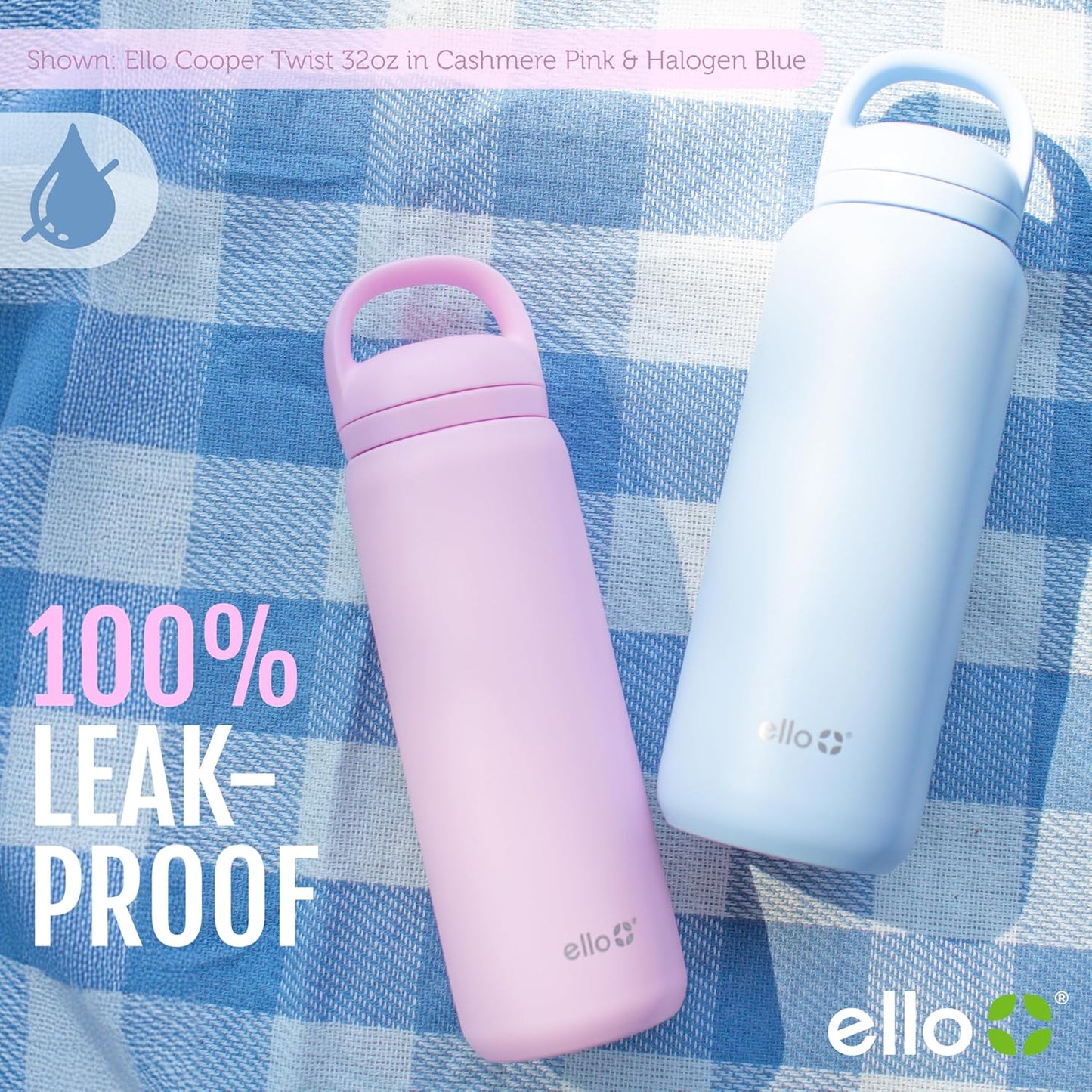 Ello Cooper Twist 22oz Stainless Steel Water Bottle with Chug Lid | Leak Proof Double Walled and Vacuum Insulated | Fits Car Cupholder | Built in Carry Loop | Dishwasher Safe | Antigua