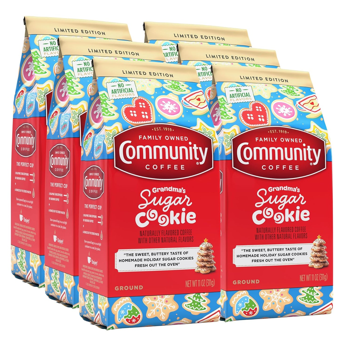 Community Coffee Grandma's Sugar Cookie Ground Coffee, Limited Edition Holiday Flavor, Natural Ingredients, 11 Ounce (Pack of 6)