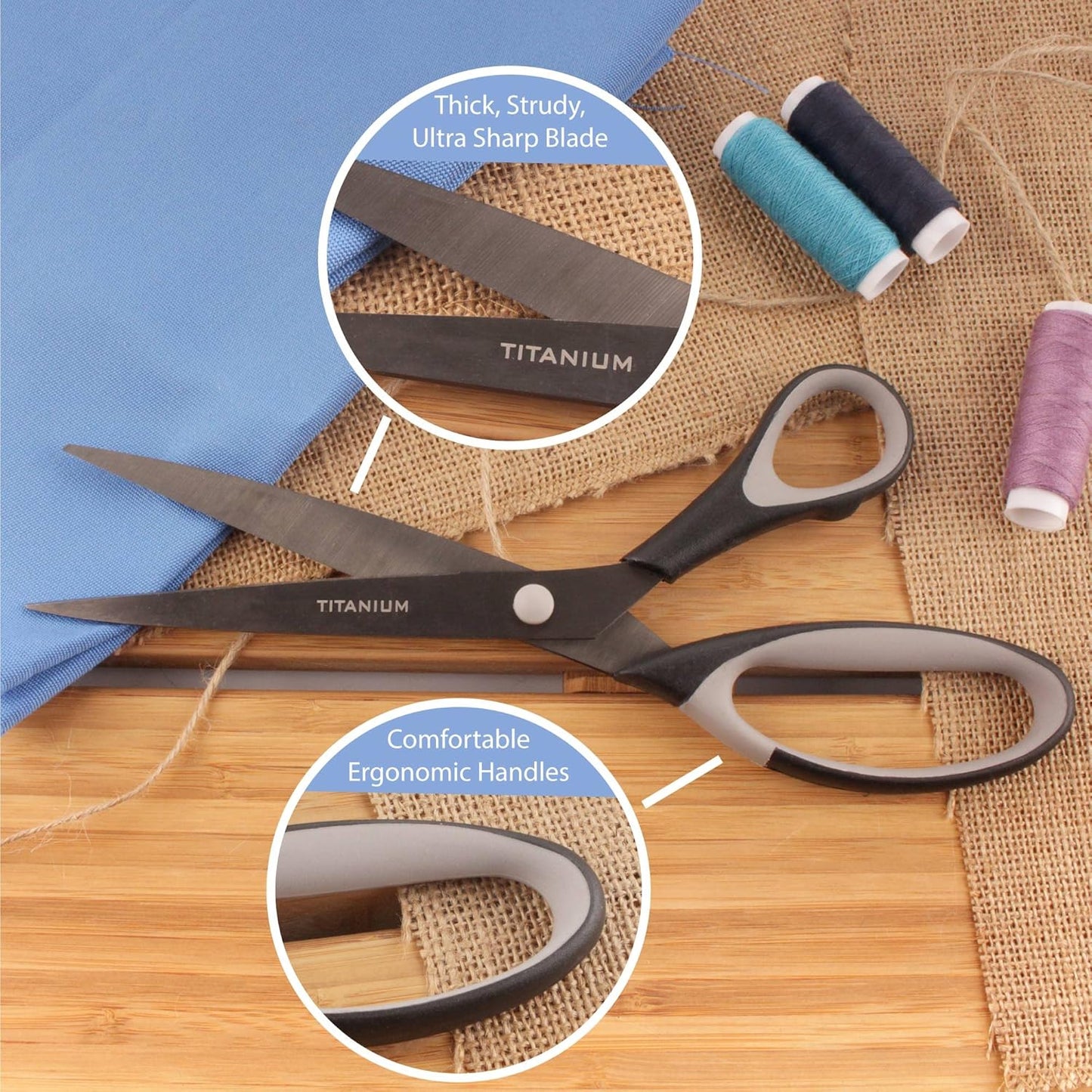 BambooMN Titanium Softgrip Scissors Set - Pinking, Sewing, Arts, Crafts, Office - 1 Set of 4 - Black w/Grey Inlays