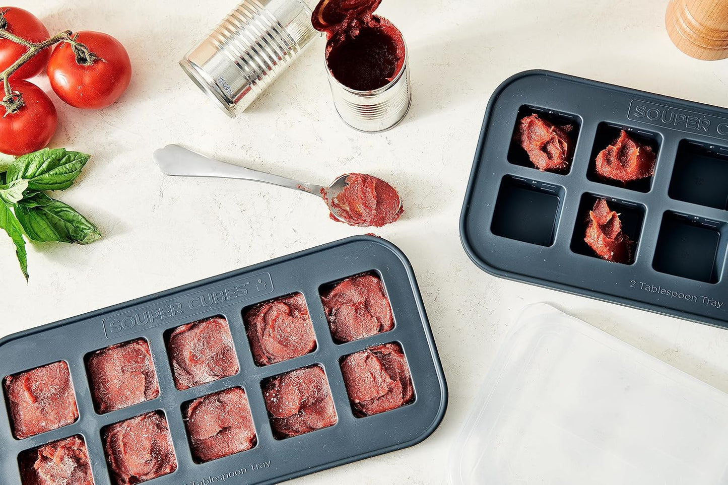 Souper Cubes 2 Tbsp. Silicone Freezer Molds - Perfect for Storing Garlic, Herbs, Ginger, Pesto, Tomato Paste, Lemon Juice, Purees and More - Silicone Baby Food Freezer Tray - Charcoal – 2-Pack
