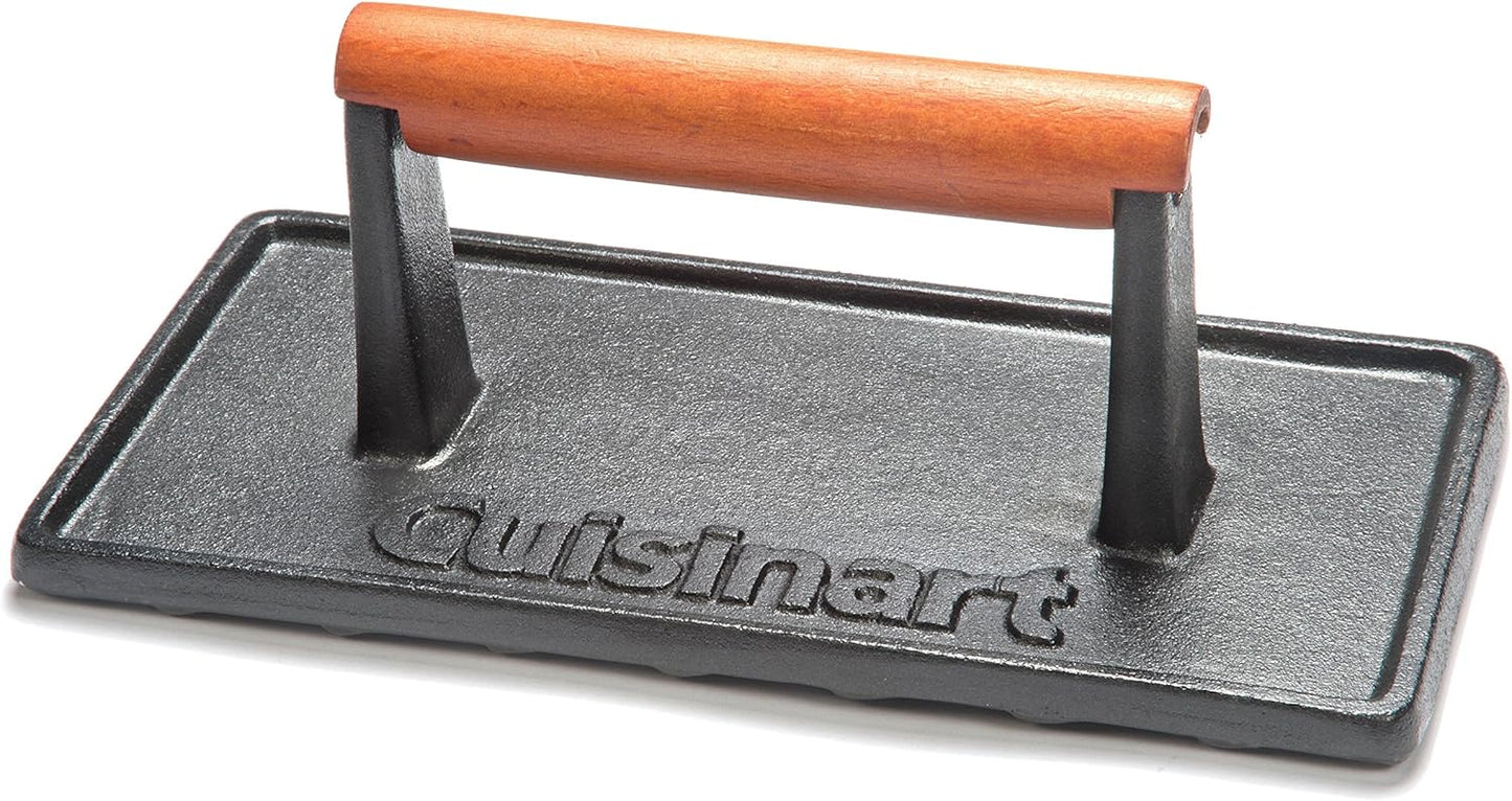 Cuisinart Cast Iron Grill Press with Wooden Handle, Heavy Duty Nonstick Rectangle Burger Press with Wood Handle, Perfect Grill Accessory for Steak, Bacon, Paninis and More