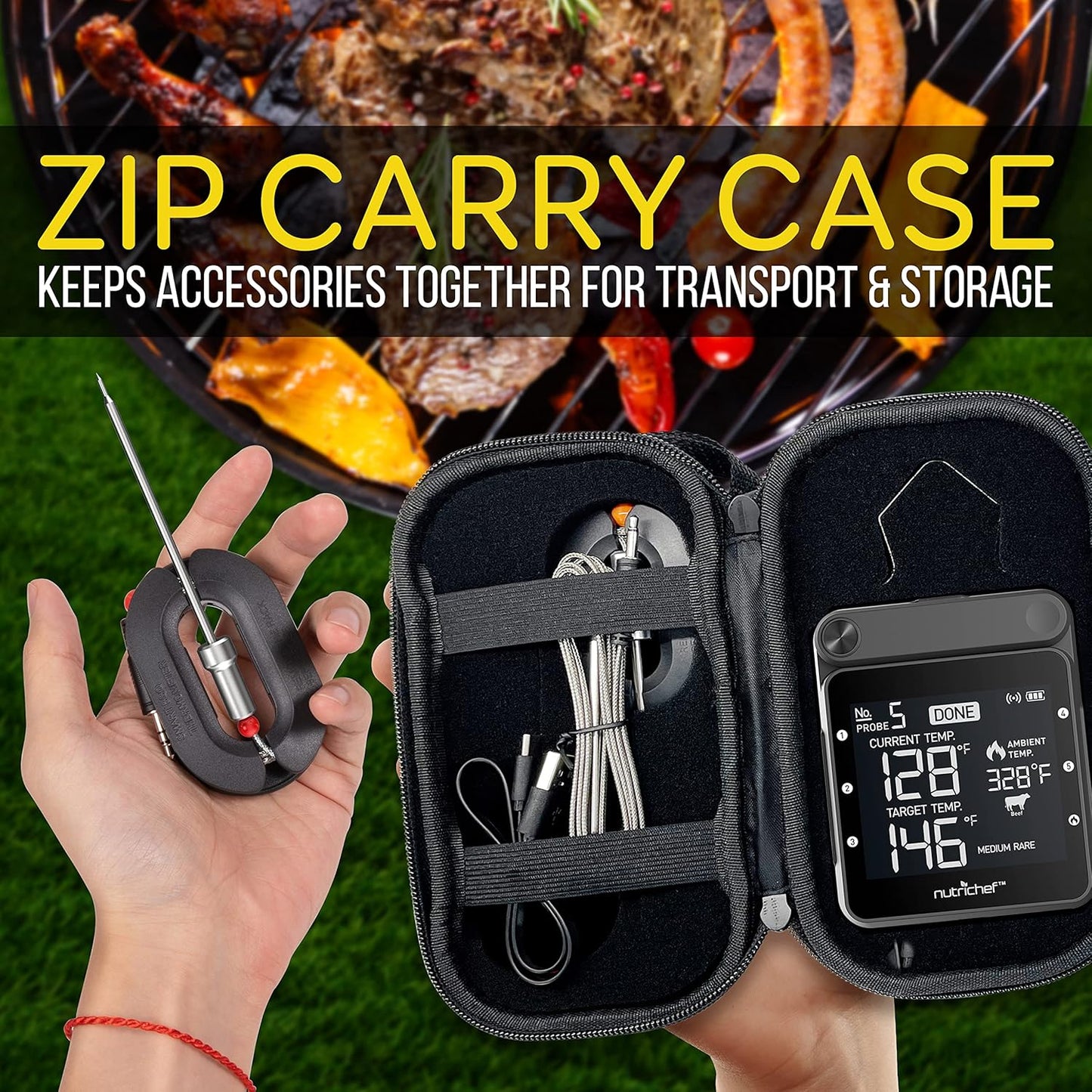 NutriChef WiFi Grill Meat Thermometer, Wireless Dual Smart Probes, Alarm Indoor from Outdoor Barbecue Smoker, Compatible with Any Smartphone, Rechargeable Meter for Outside BBQ Grilling