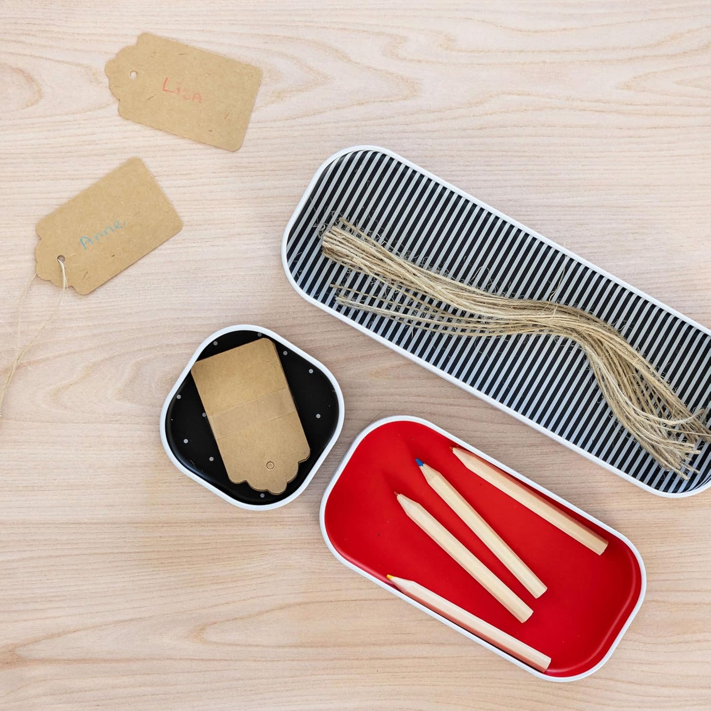 Three by Three Seattle 6 Piece Shallow Metal Organizer Tray Set for Storing Makeup, Stationery, Utensils, and More in Office Desk, Kitchen and Bathroom Drawers (1 Inch, Red Dots and Stripes)