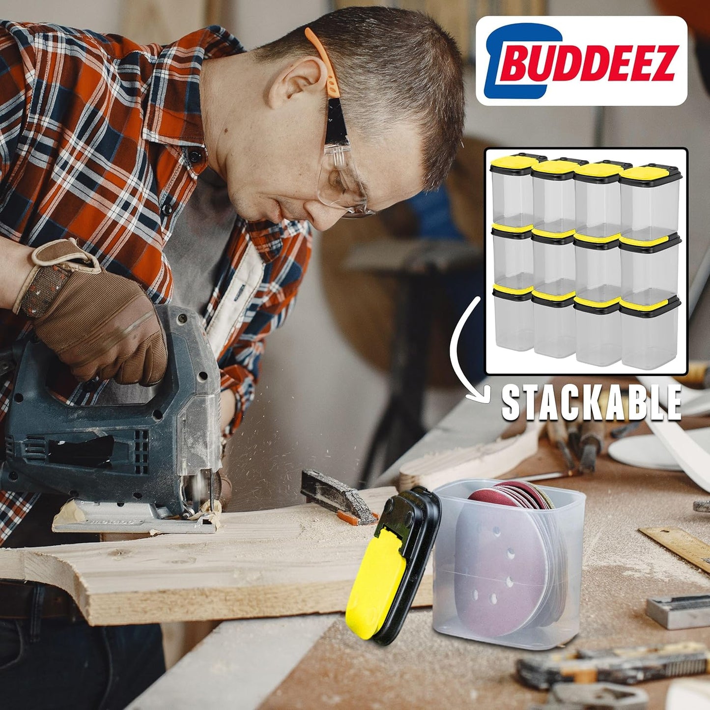 Buddeez Bits and Bolts Storage Containers - Storage Bins with Lids - Bulk Organizer for Workshop, Pantry, or Garage Supplies - 1 Quart 12 Pack