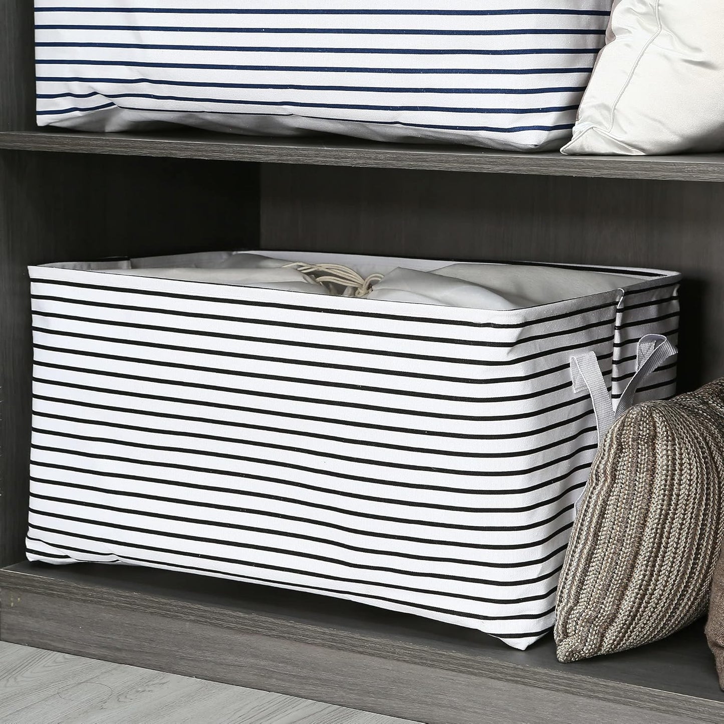 Hinwo 102L XXL Storage Bins, 2-Pack Closet Organizers and Storage, Foldable Clothes Storage Baskets with Handles, Containers for Clothing, Blanket, Comforters, Toys, Bedding (Black Stripe)