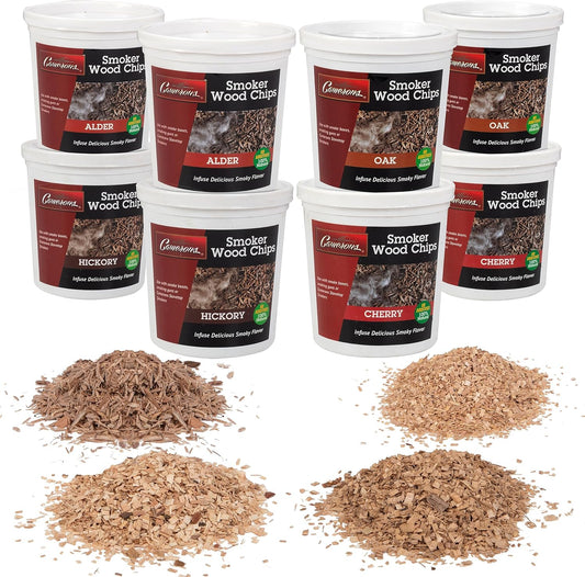 Camerons All Natural Extra Fine Cut BBQ Wood Chips - 2 Alder, 2 Cherry, 2 Oak, 2 Hickory (8 Pints, 0.473L ea)- Sawdust Shavings for Smoking Guns, Smokers, Smoke Boxes, Grill- Barbecue Variety Gift Set