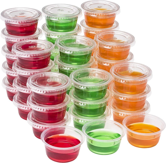 DuraHome Plastic Portion Cups with Lids 2 oz. Pack of 150 Leakproof Jello Shot Cup Mini Containers for Salad Dressing Sauce Condiment Snack Souffle and Salsa, Disposable