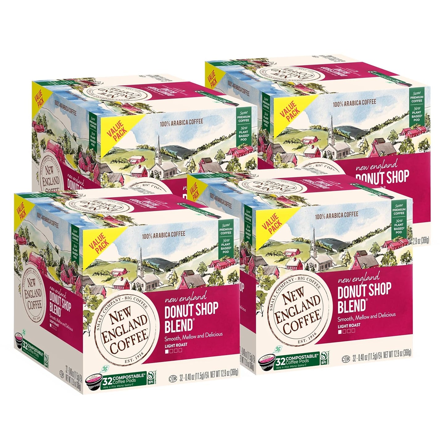 New England Coffee Donut Shop Blend Light Roast Single Serve Pods, 32ct Box (Pack of 4)