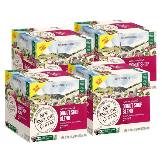 New England Coffee Donut Shop Blend Light Roast Single Serve Pods, 32ct Box (Pack of 4)