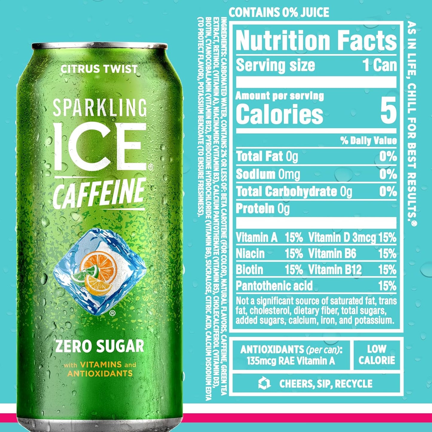 Sparkling Ice Caffeine Variety Pack, Flavored Sparkling Water, Zero Sugar, with Vitamins and Antioxidants, 16 fl oz, 12 count (Citrus Twist, Black Raspberry, Blue Raspberry, Strawberry Citrus)