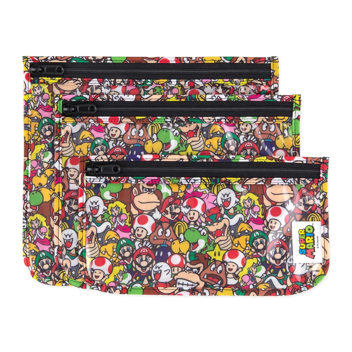 Bumkins Travel Bag, Toiletry, TSA Approved Pouch, Zip Bag, Quart Size Airline Compliant, Clear-Sided, Baby, Diaper Bag Organization, Makeup, Accessories, Packing, Set of 3 Sizes, Nintendo Super Mario
