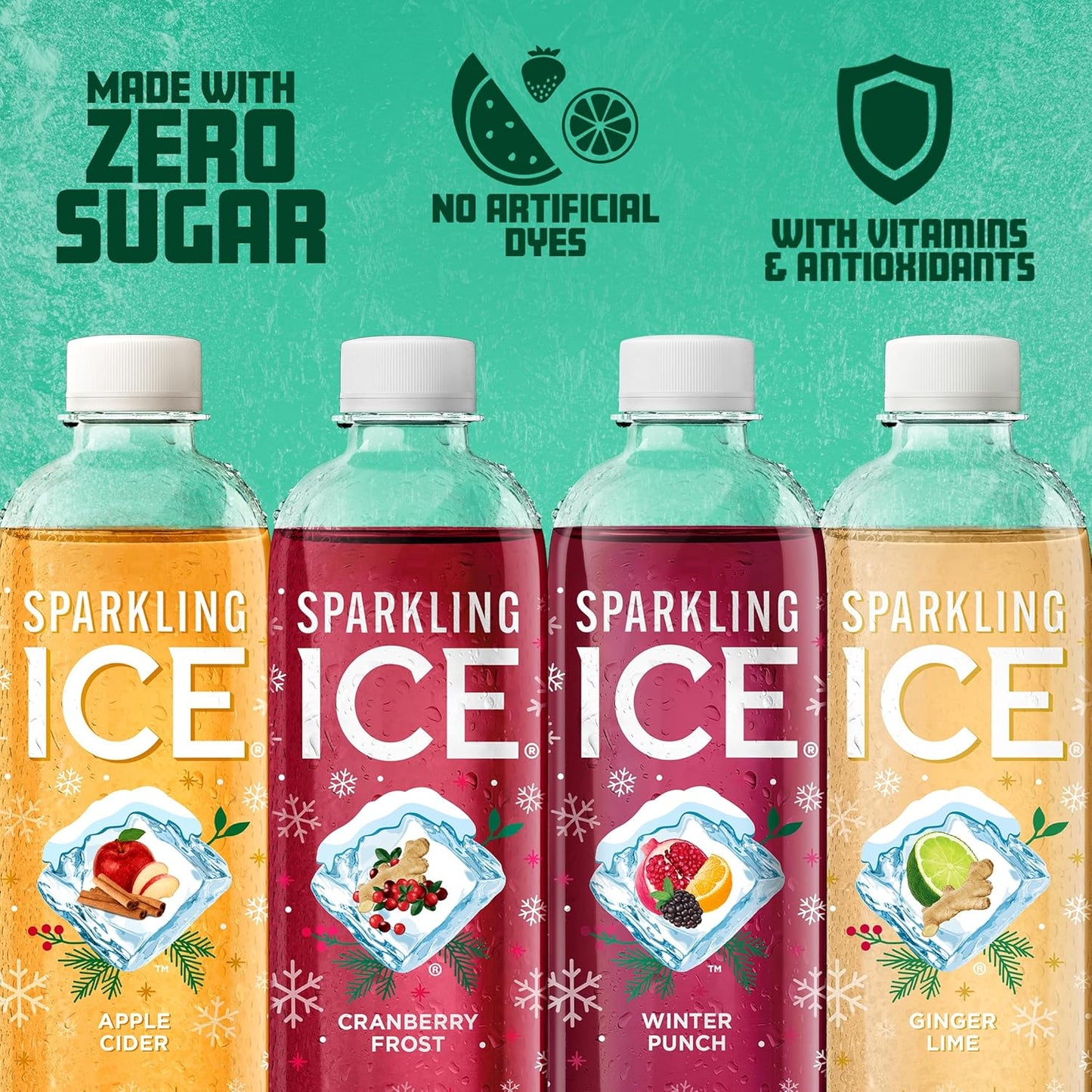 Sparkling Ice, Winter Variety Pack, Flavored Sparkling Water, Zero Sugar, with Vitamins and Antioxidants, 17 fl oz, 12 count (Cranberry Frost, Winter Punch, Apple Cider and Ginger Lime)