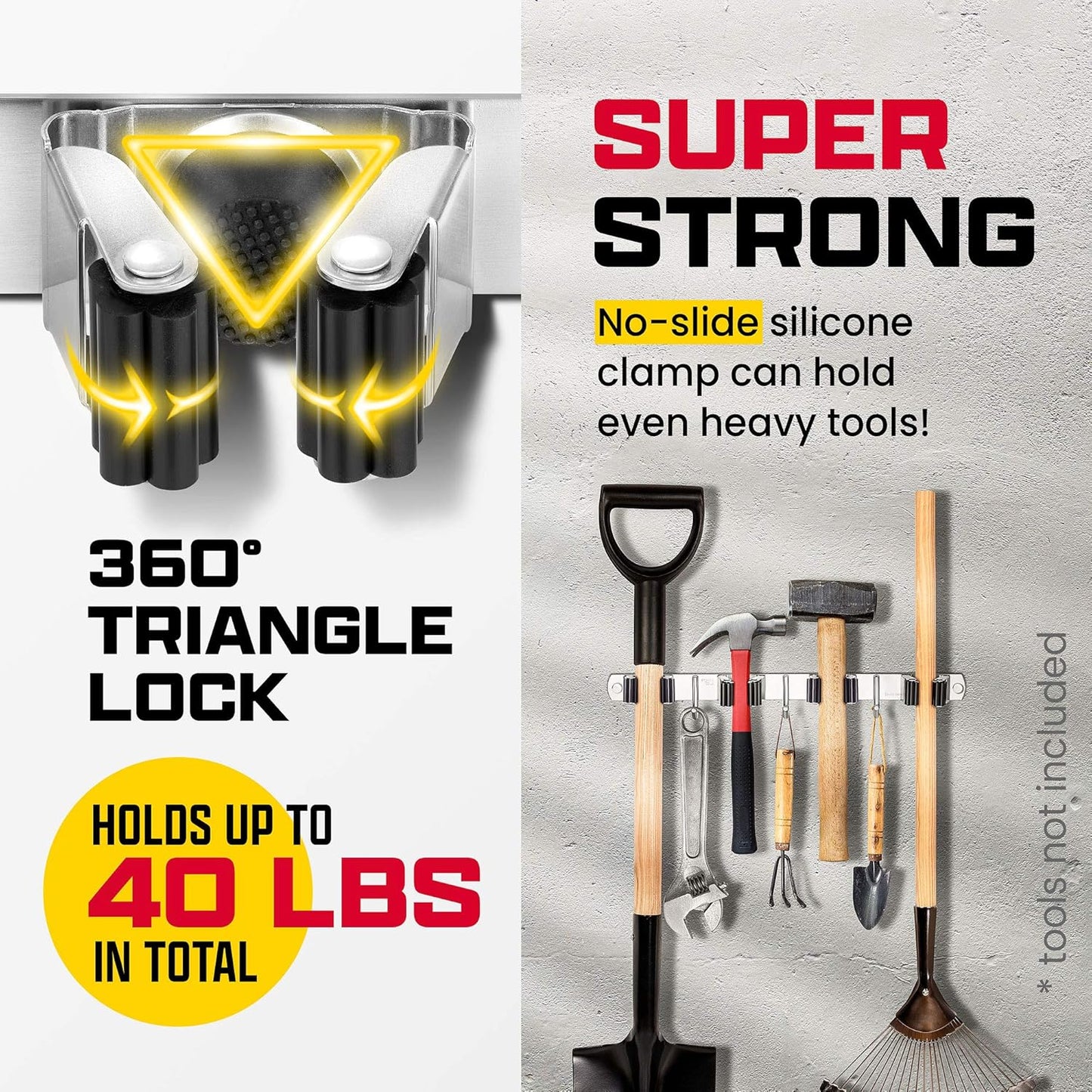 Mop and Broom Holder Wall Mount – Self-Adhesive Stainless Steel broom hanger organizer – 4 Clamps, 3 Hooks, 5 Towel Hanging Clips Mounting Screws – Holds Up to 40 Lbs