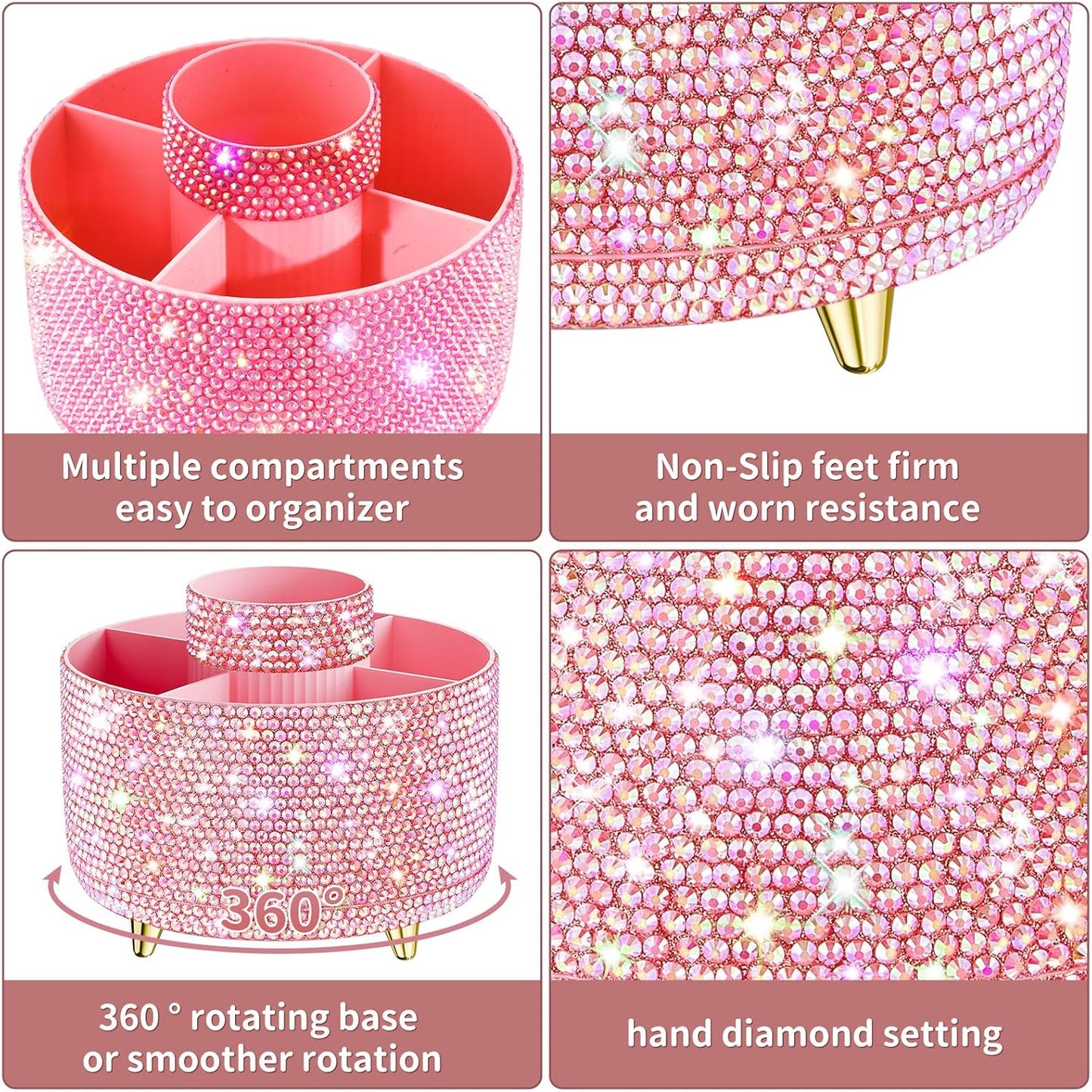 Bling 360° Rotate Makeup Brush Holder Organizer, Makeup Organizers Countertop, Makeup organization and Skincare Storage for Vanity, Gift for Women Girls (Bling dz-Pink)