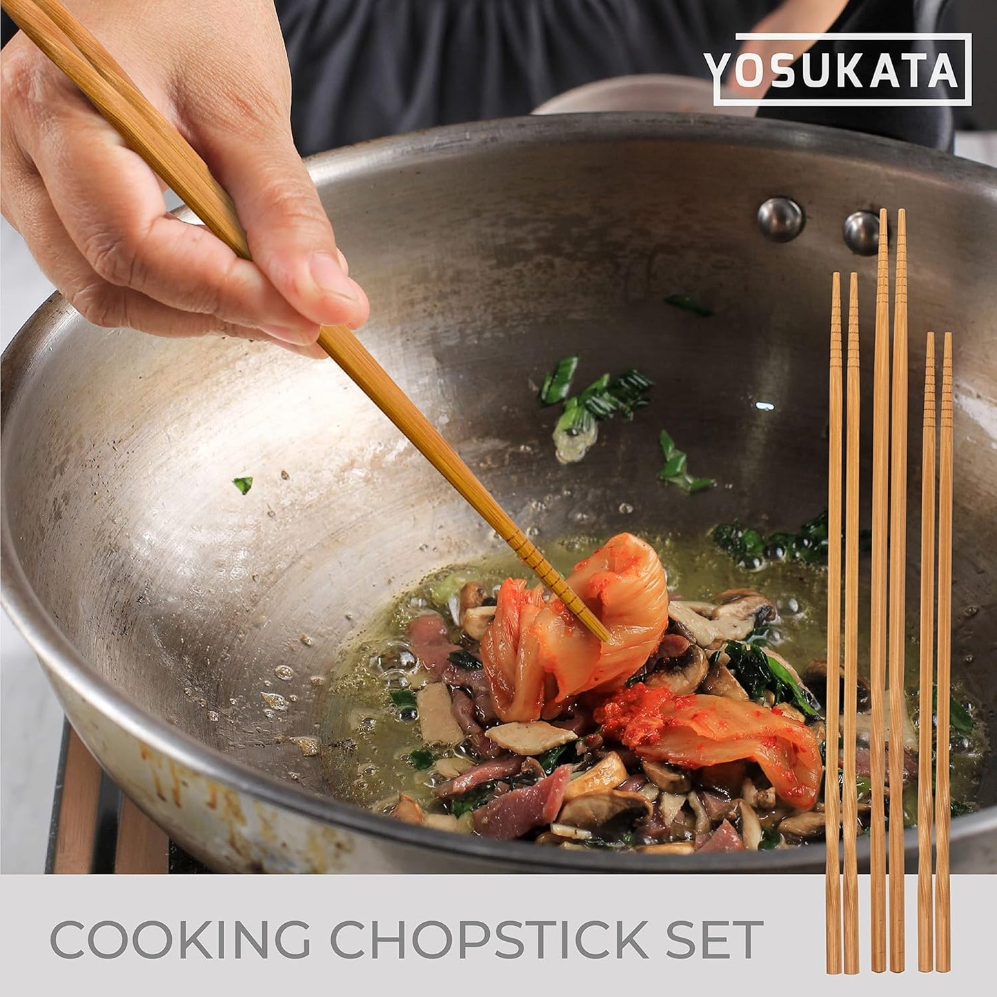 YOSUKATA Reusable Natural Wooden Long Cooking Chopsticks Set of 3 pairs: 11.8 inch, 13-inch, 14.2 inch Brown Long Wok Wooden Chopsticks Reusable