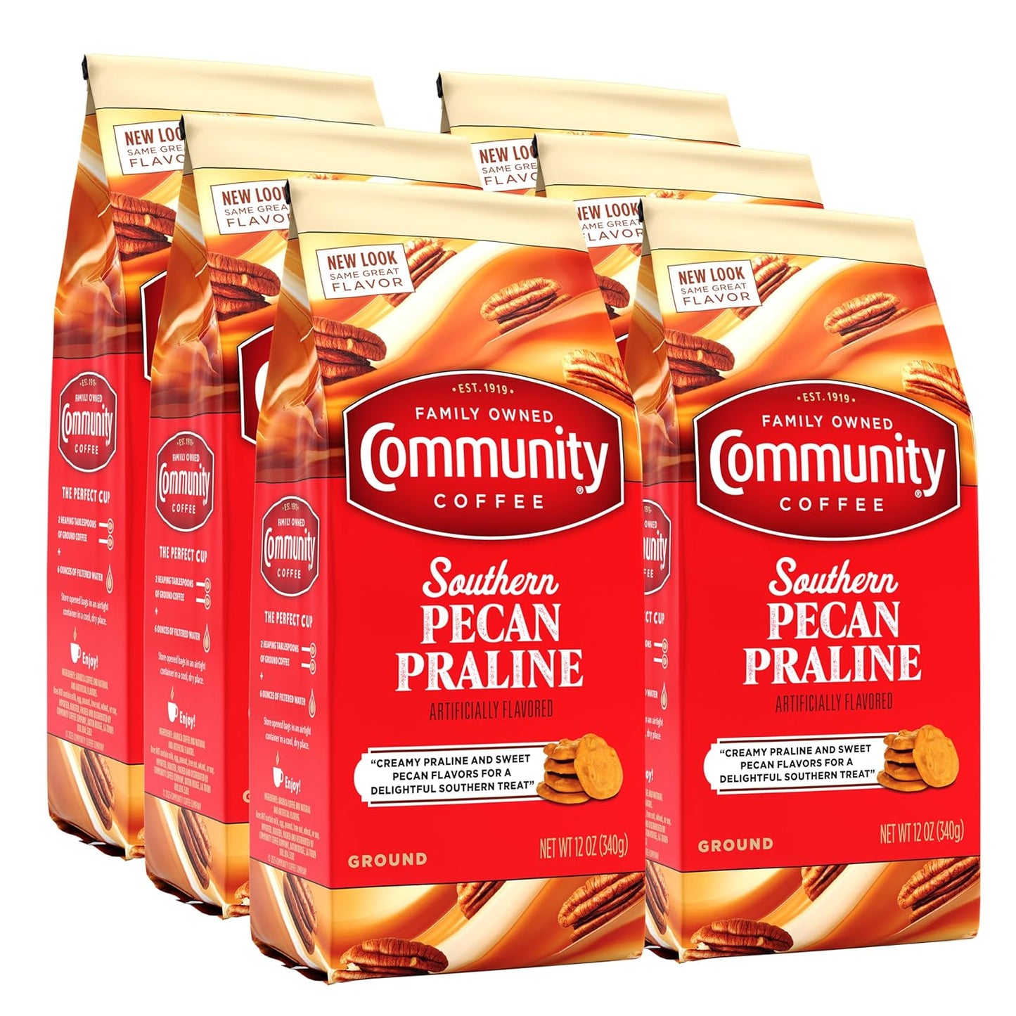 Community Coffee Southern Pecan Praline Flavored 72 Ounces, Medium Roast Ground Coffee, 12 Ounce Bag (Pack of 6)