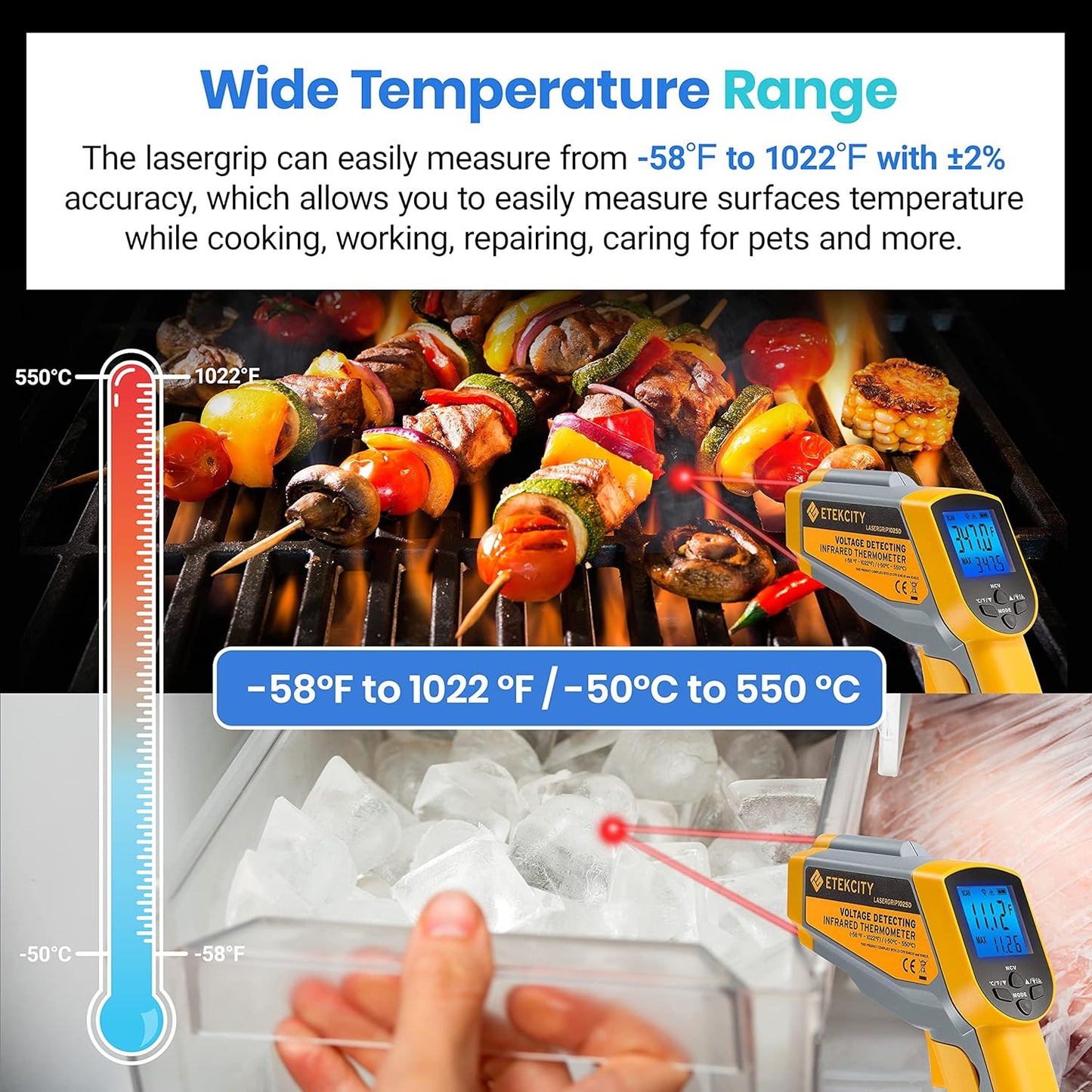 Etekcity Infrared Thermometer 1025D (Not for Human) Dual Laser Temperature Gun-58℉~1022℉ (-50℃~550℃) with Adjustable Emissivity, Non-Contact Voltage Tester (NCV), Standard Size, Yellow & Gray