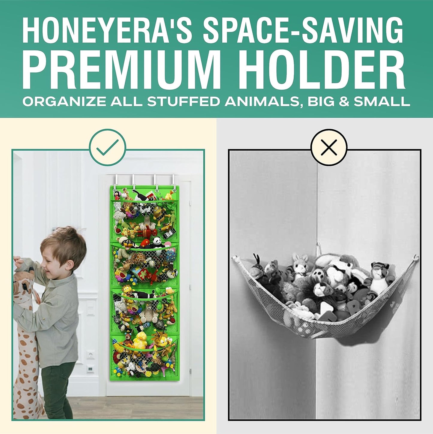 Honeyera Over Door Organizer for Stuffies, Baby Accessories, and Toy Plush Storage - Easy Installation with Breathable Hanging Storage Pockets (Green)