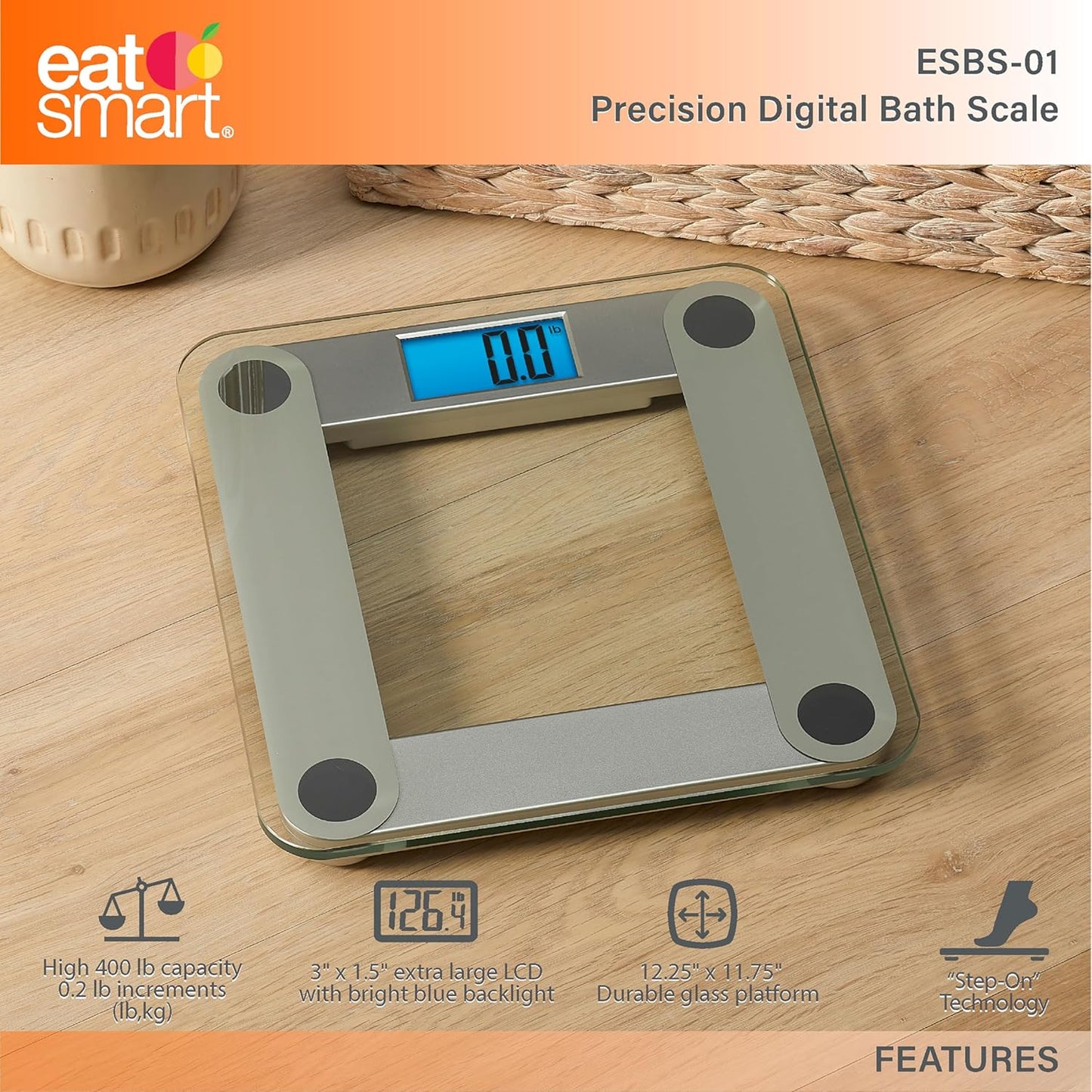 Eat Smart Digital Bathroom Scale with Extra Large Easy to Read Lighted Display, Accurate Weight Tracking, Includes Free Body Tape Measure, Grey and Clear