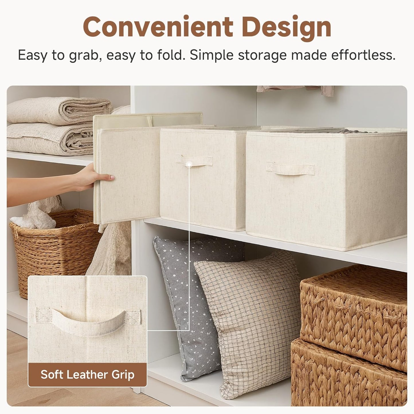 StorageWorks Storage Baskets for Shelves, Foldable Fabric Closet Storage Bins with Handles, Fabric Storage Bins Clothes Organizer, Beige(Cotton-linen), 3-Pack, Extra Large