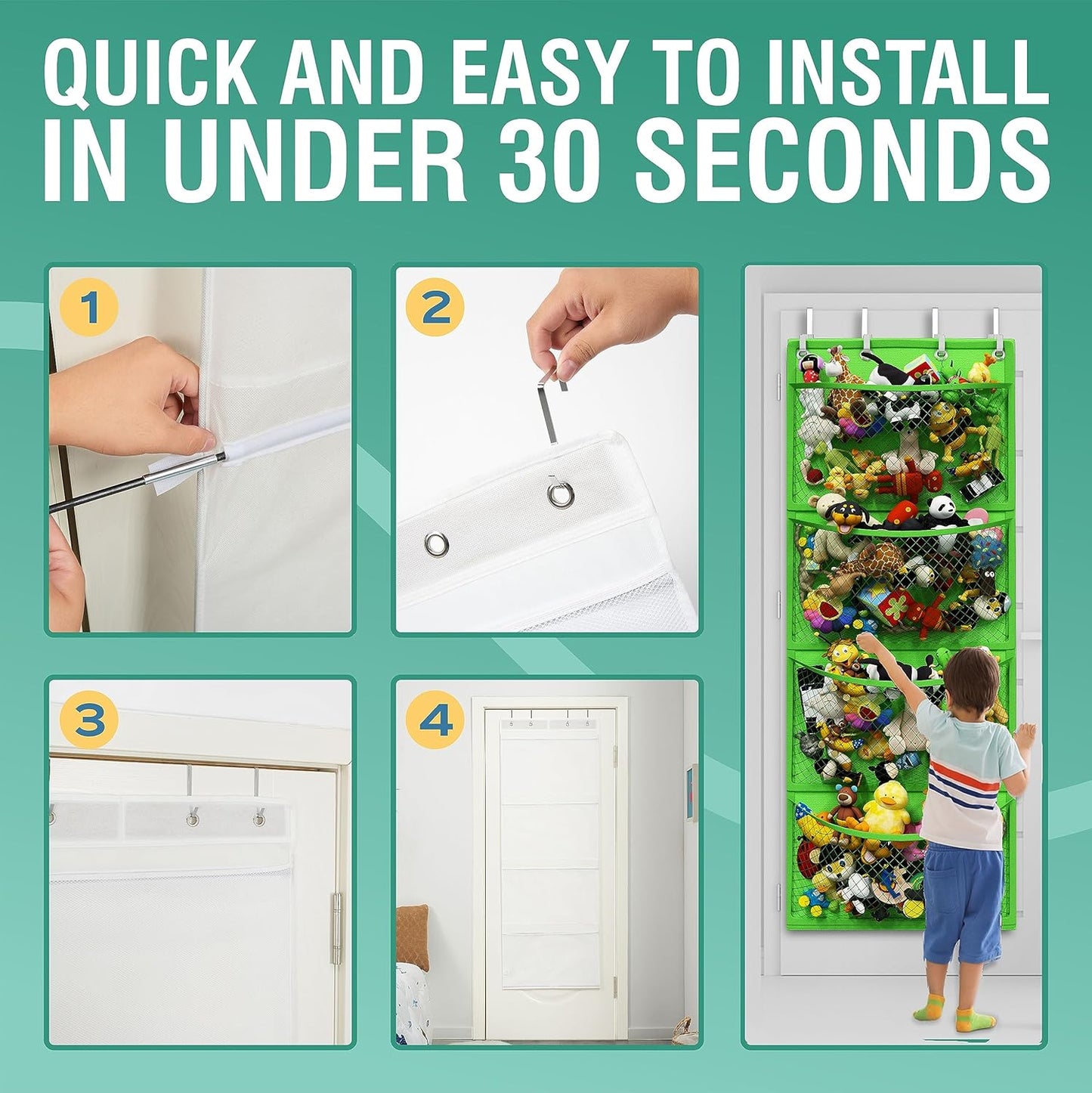 Honeyera Over Door Organizer for Stuffies, Baby Accessories, and Toy Plush Storage - Easy Installation with Breathable Hanging Storage Pockets (Green)