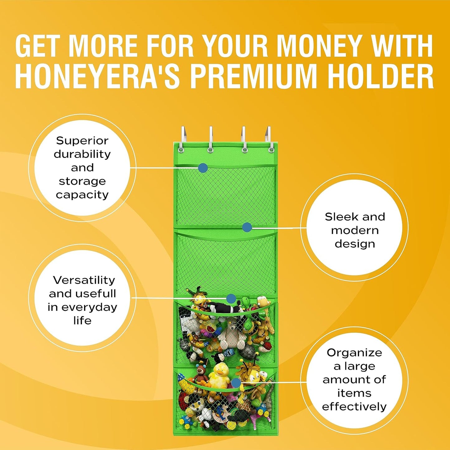 Honeyera Over Door Organizer for Stuffies, Baby Accessories, and Toy Plush Storage - Easy Installation with Breathable Hanging Storage Pockets (Green)