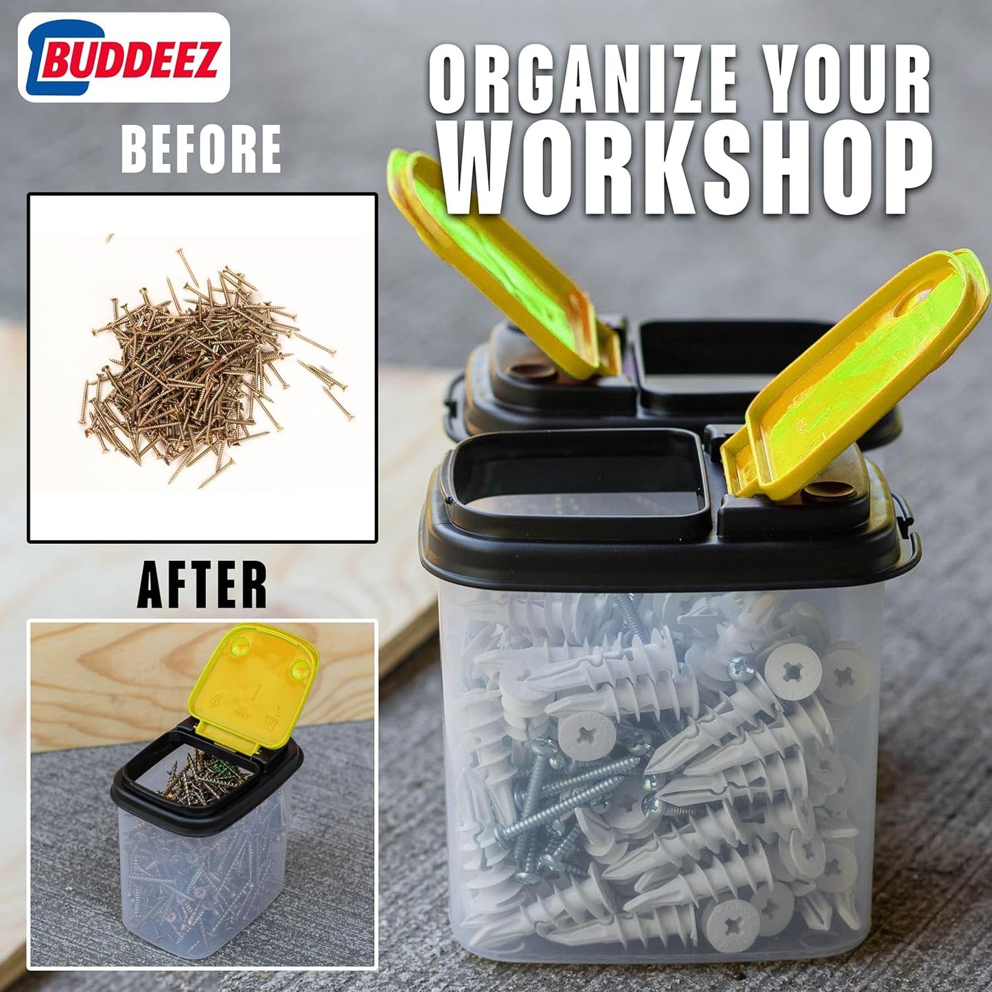 Buddeez Bits and Bolts Storage Containers - Storage Bins with Lids - Bulk Organizer for Workshop, Pantry, or Garage Supplies - 1 Quart 12 Pack