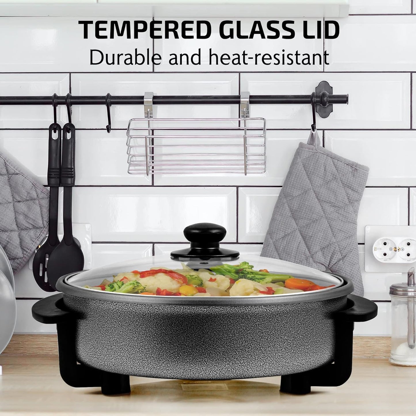 OVENTE 12 Inch Electric Skillet and Frying Pan with Nonstick Coating, 1400W Power, Adjustable Temperature Control, Tempered Glass Lid with Vent and Cool Touch Handles, Black SK11112B