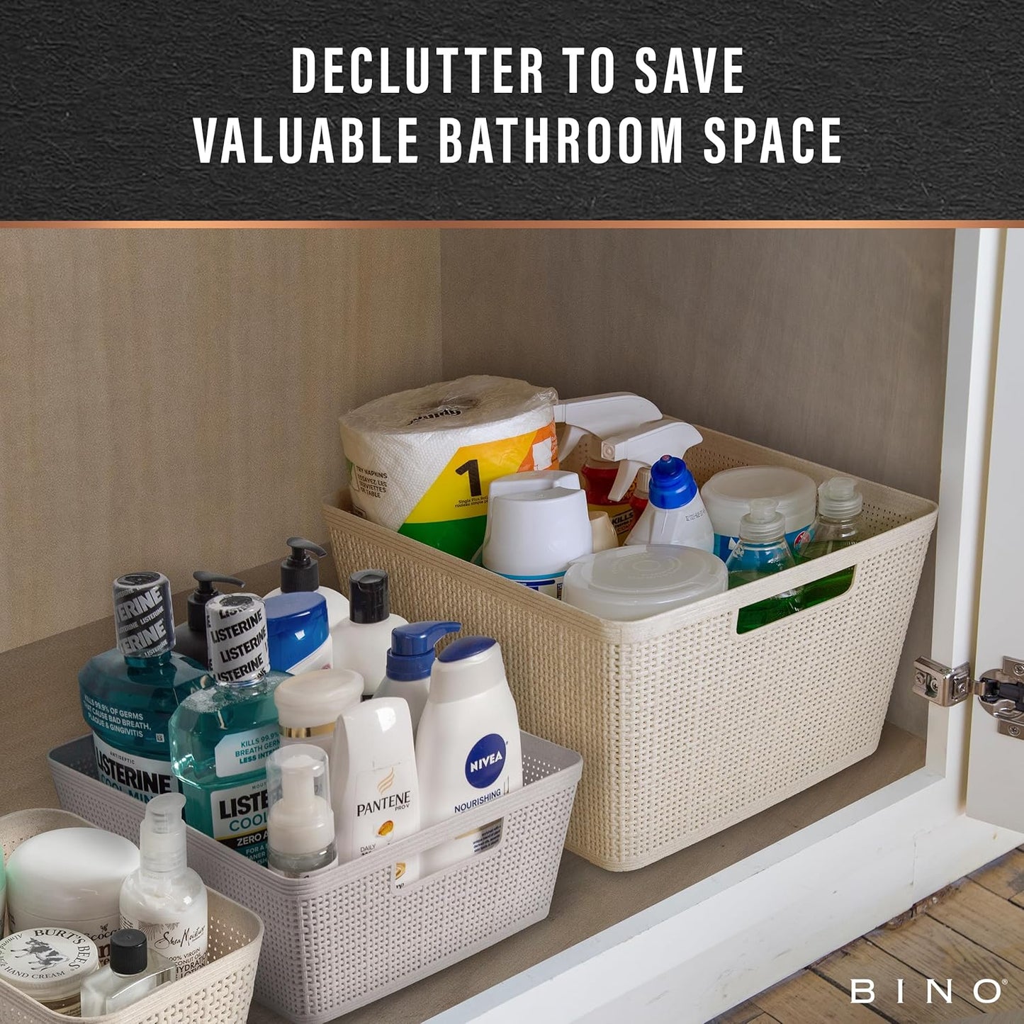 BINO | Woven Plastic Basket | Small (Natural), 5-Pack | THE JUTE COLLECTION | Home Organization, Space - Saving Storage, Stylish Design | Jute Basket | Plastic Storage Basket