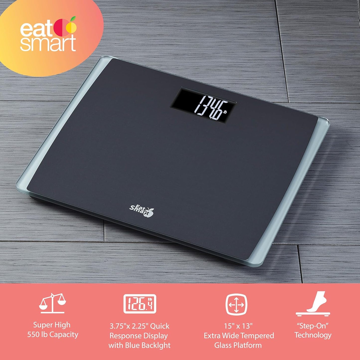 EatSmart Precision Digital Bathroom Scale for Body Weight – Extra-Wide Platform, High-Visibility Display, Ultra-Durable Design for Home, Pets, Luggage & More, 550 LB High Capacity, Black