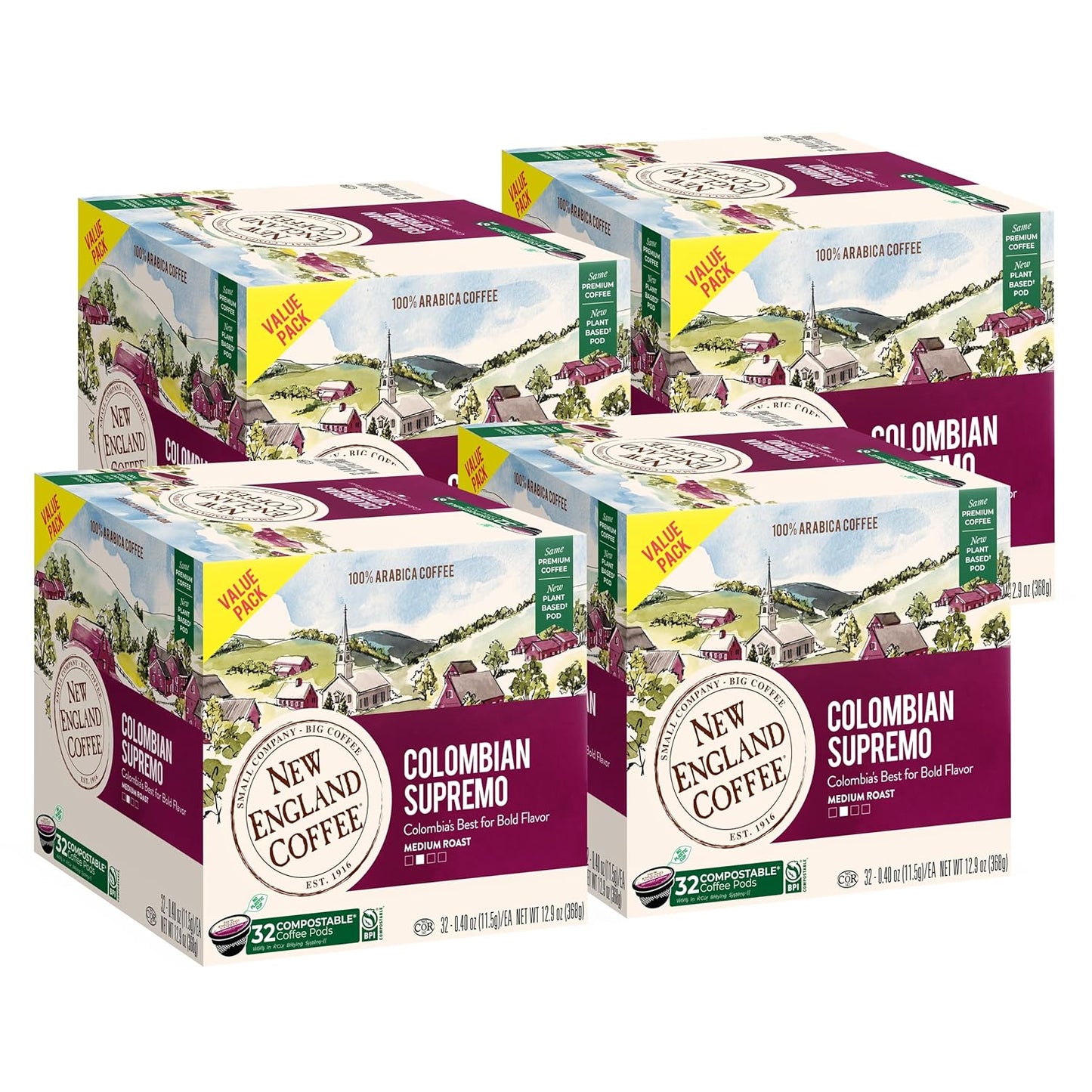 New England Coffee Colombian Supremo Medium Roast Single Serve Pods, 32ct Box (Pack of 4)