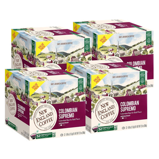 New England Coffee Colombian Supremo Medium Roast Single Serve Pods, 32ct Box (Pack of 4)