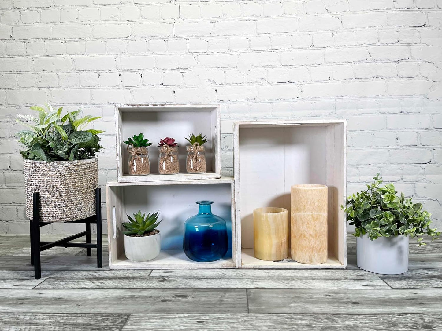 Admired By Nature Wooden Crates Storage Container, 3pc Farmhouse Style Decorative Baskets for Home Decor, Rustic Decor, Nesting Stackable Organizers, Distressed Wood Crates, Achromatic Barn Door White