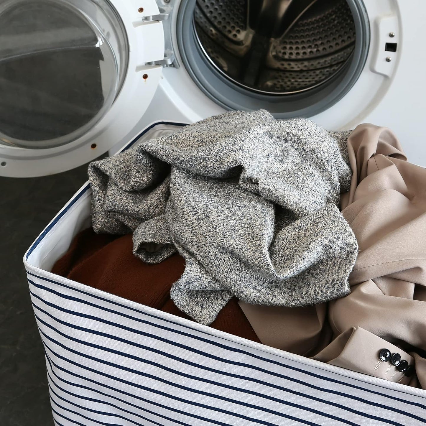 Hinwo 102L XXL Storage Bins, 4-Pack Closet Organizers and Storage, Foldable Clothes Storage Baskets with Handles, Containers for Clothing, Blanket, Comforters, Toys, Bedding (Navy Stripe)