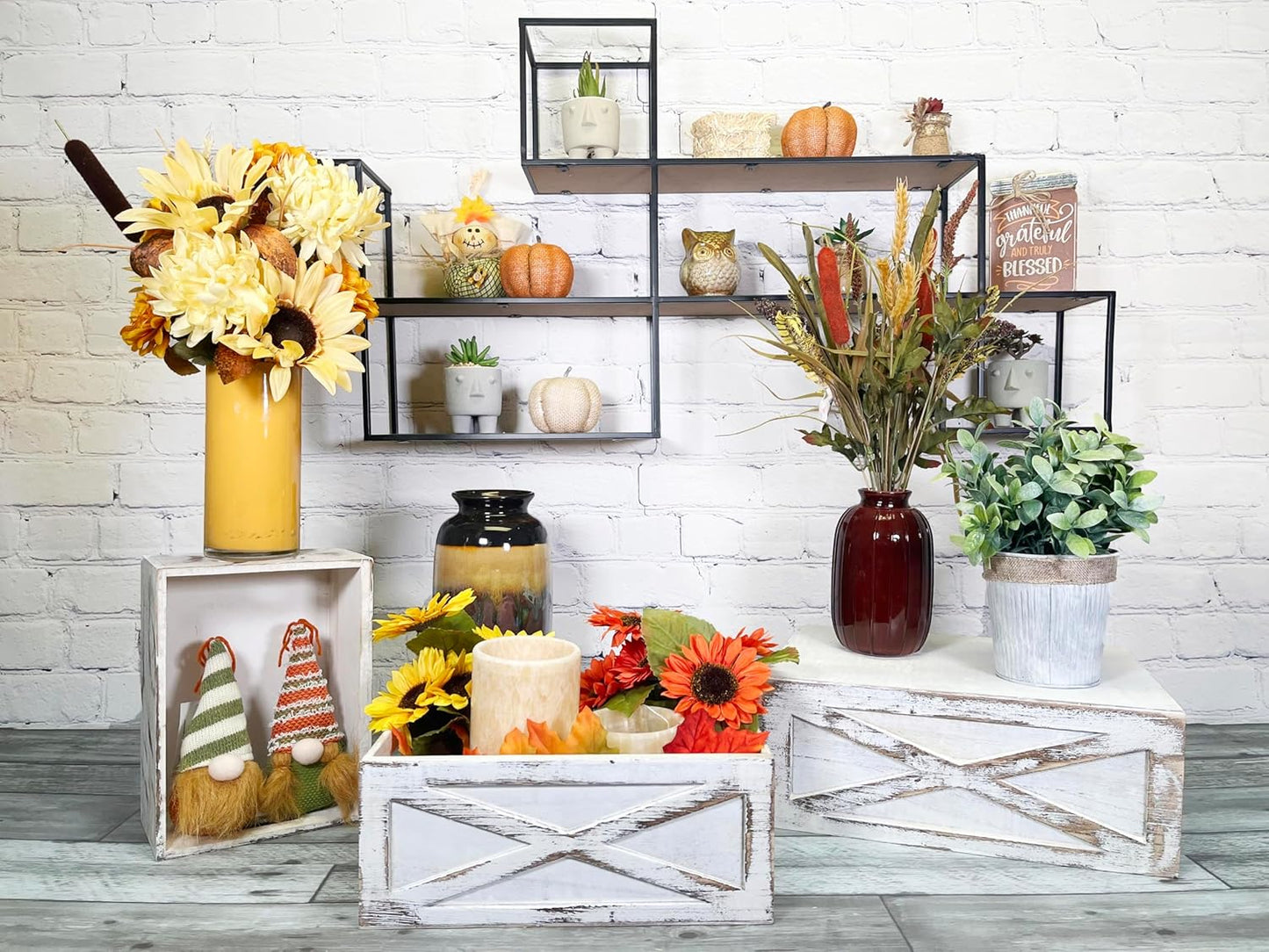 Admired By Nature Wooden Crates Storage Container, 3pc Farmhouse Style Decorative Baskets for Home Decor, Rustic Decor, Nesting Stackable Organizers, Distressed Wood Crates, Achromatic Barn Door White