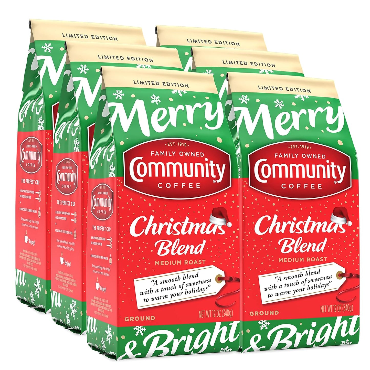 Community Coffee Christmas Blend Ground Coffee, Medium Roast, 12 oz Bag (Pack of 6)
