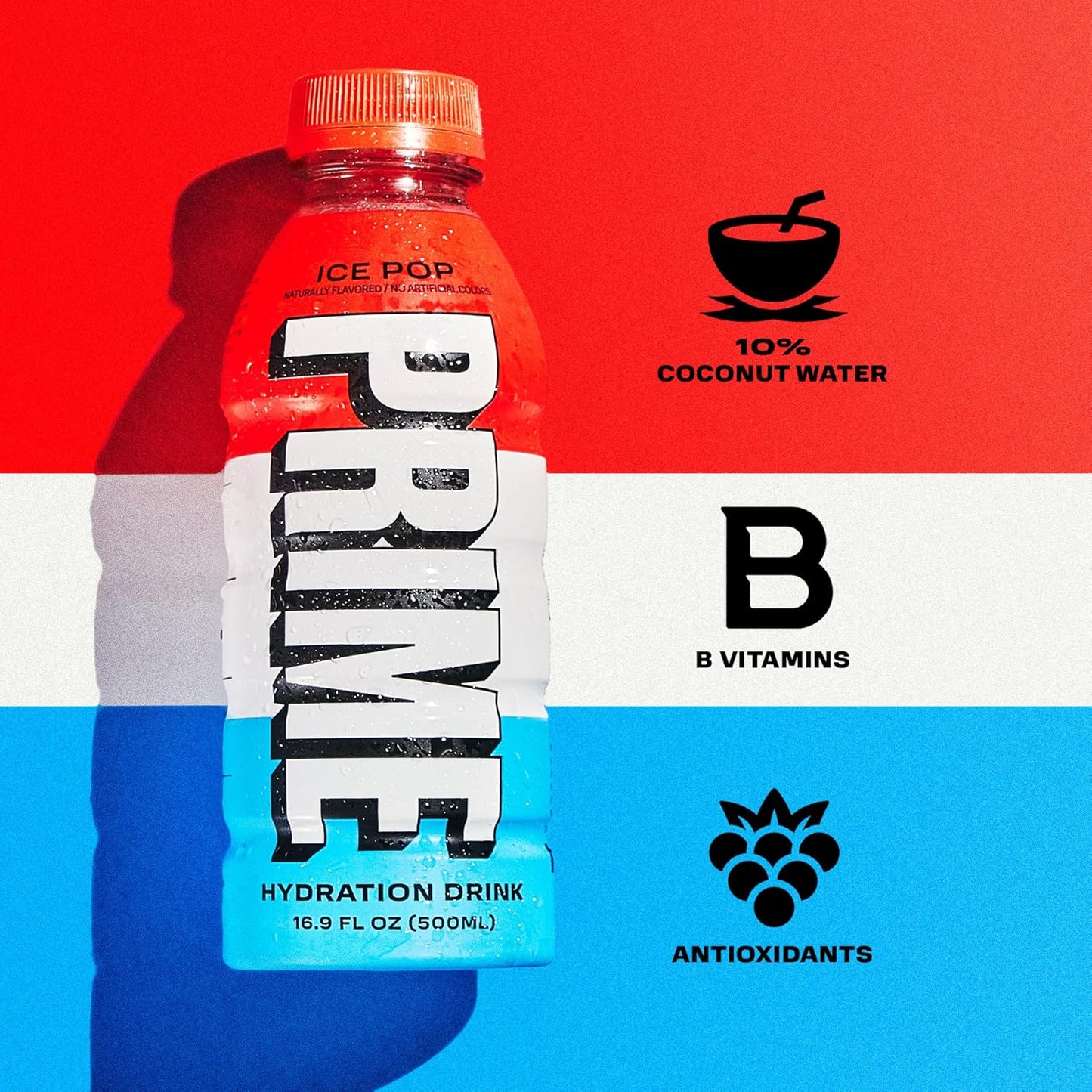 PRIME Hydration ICE POP, Sports Drinks, Electrolyte Enhanced for Replenishing Fluids, 250mg BCAAs, B Vitamins, Antioxidants, Low Sugar, 16.9 Fl Oz, 12 Pack