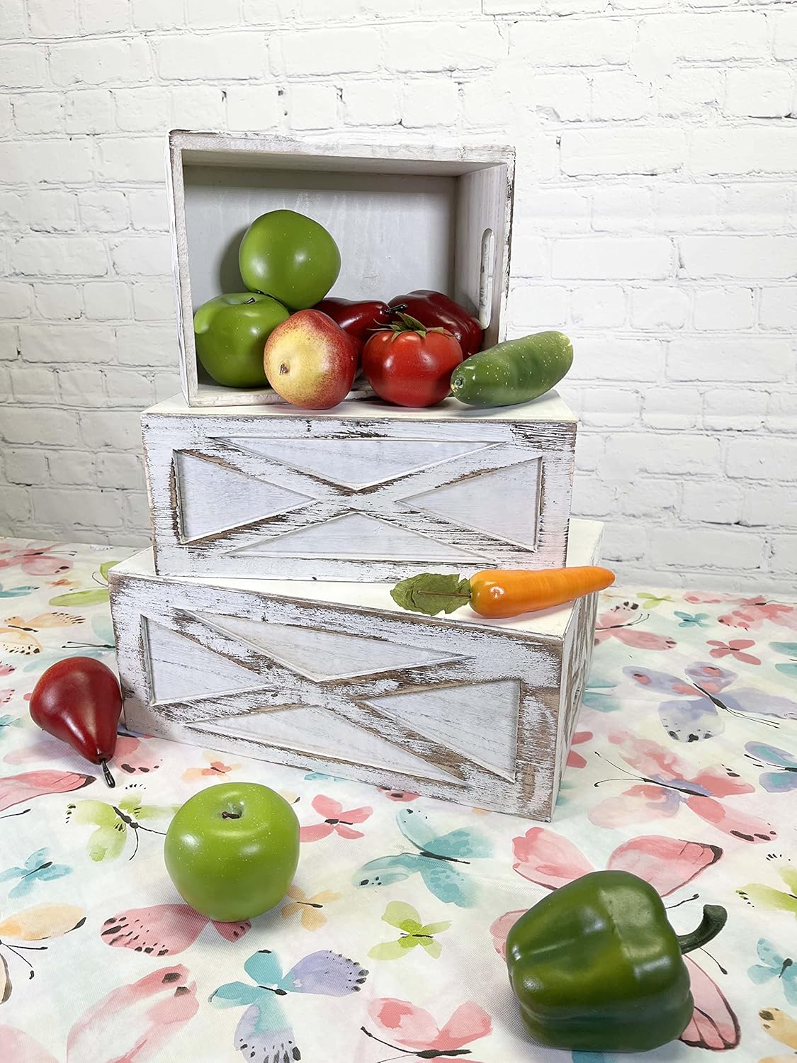 Admired By Nature Wooden Crates Storage Container, 3pc Farmhouse Style Decorative Baskets for Home Decor, Rustic Decor, Nesting Stackable Organizers, Distressed Wood Crates, Achromatic Barn Door White