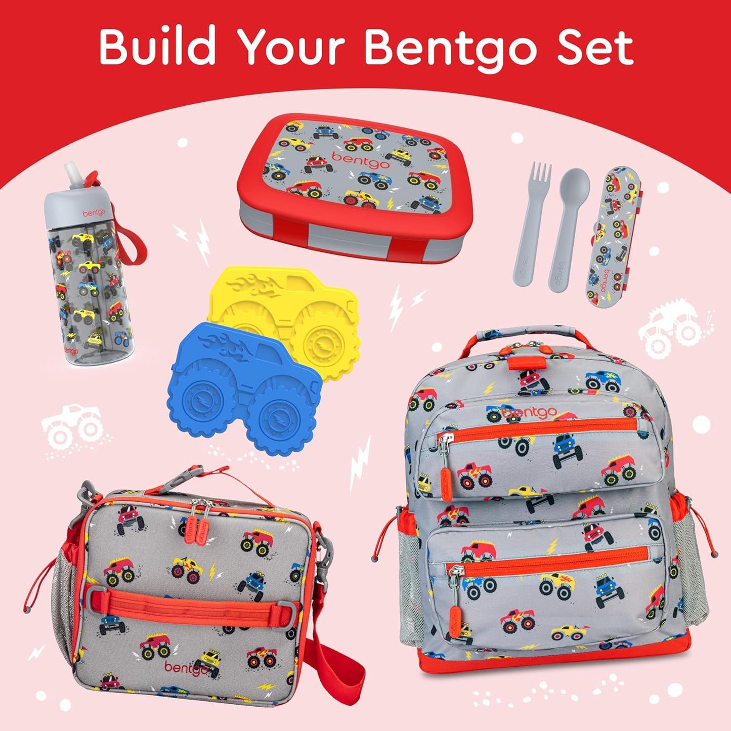 Bentgo Kids Prints Leak-Proof, 5-Compartment Bento-Style Kids Lunch Box - Ideal Portion Sizes for Ages 3-7, Durable, Drop-Proof, Dishwasher Safe, & PFAS & BPA-Free Materials (Trucks)