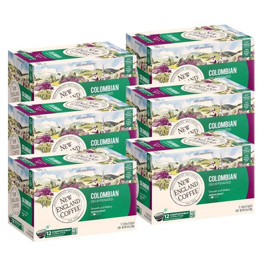 New England Coffee Colombian Decaffeinated Medium Roast Single Serve Pods, 12ct Box (Pack of 6)