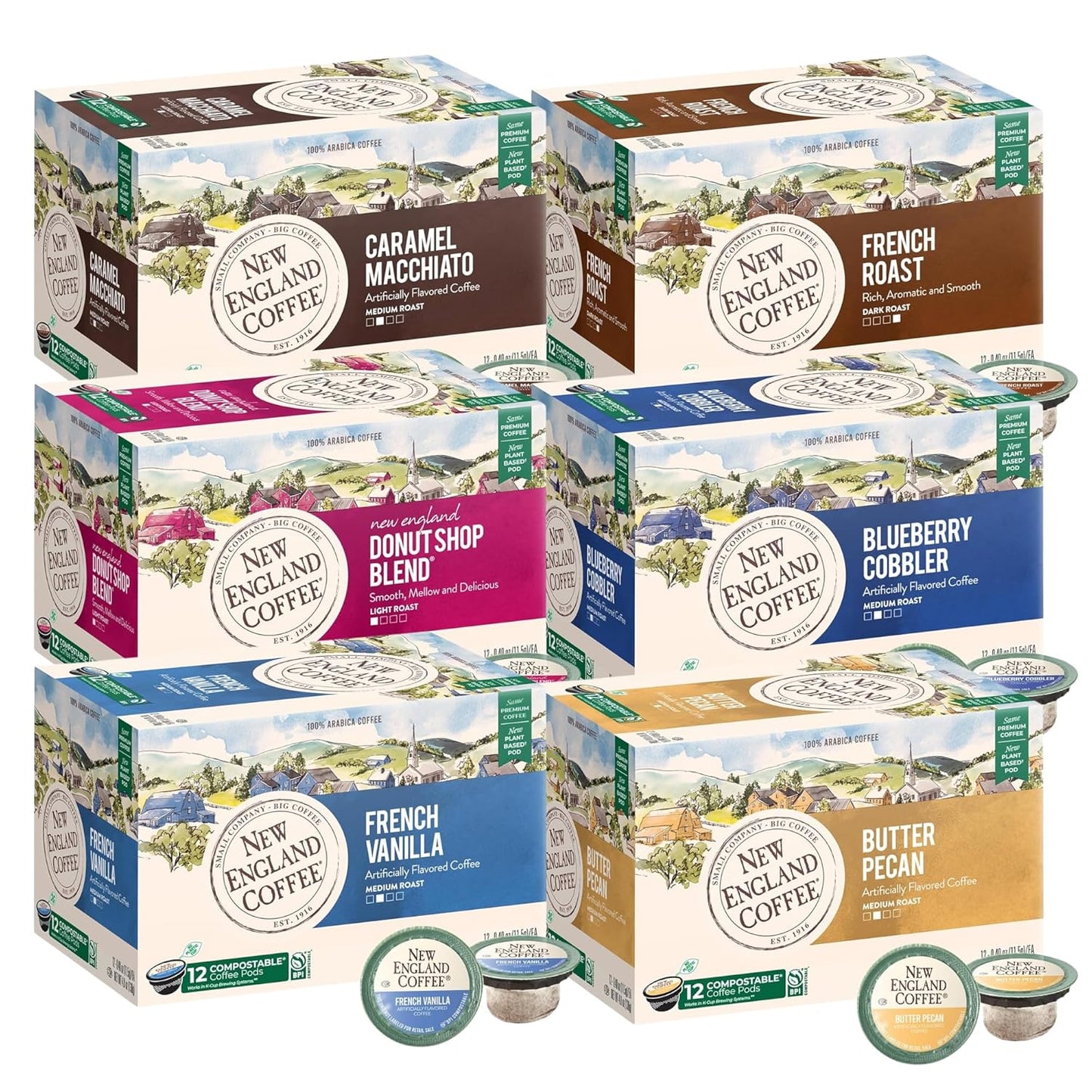 New England Coffee Variety Pack Single Serve Pods, 12ct Box (Pack of 6)