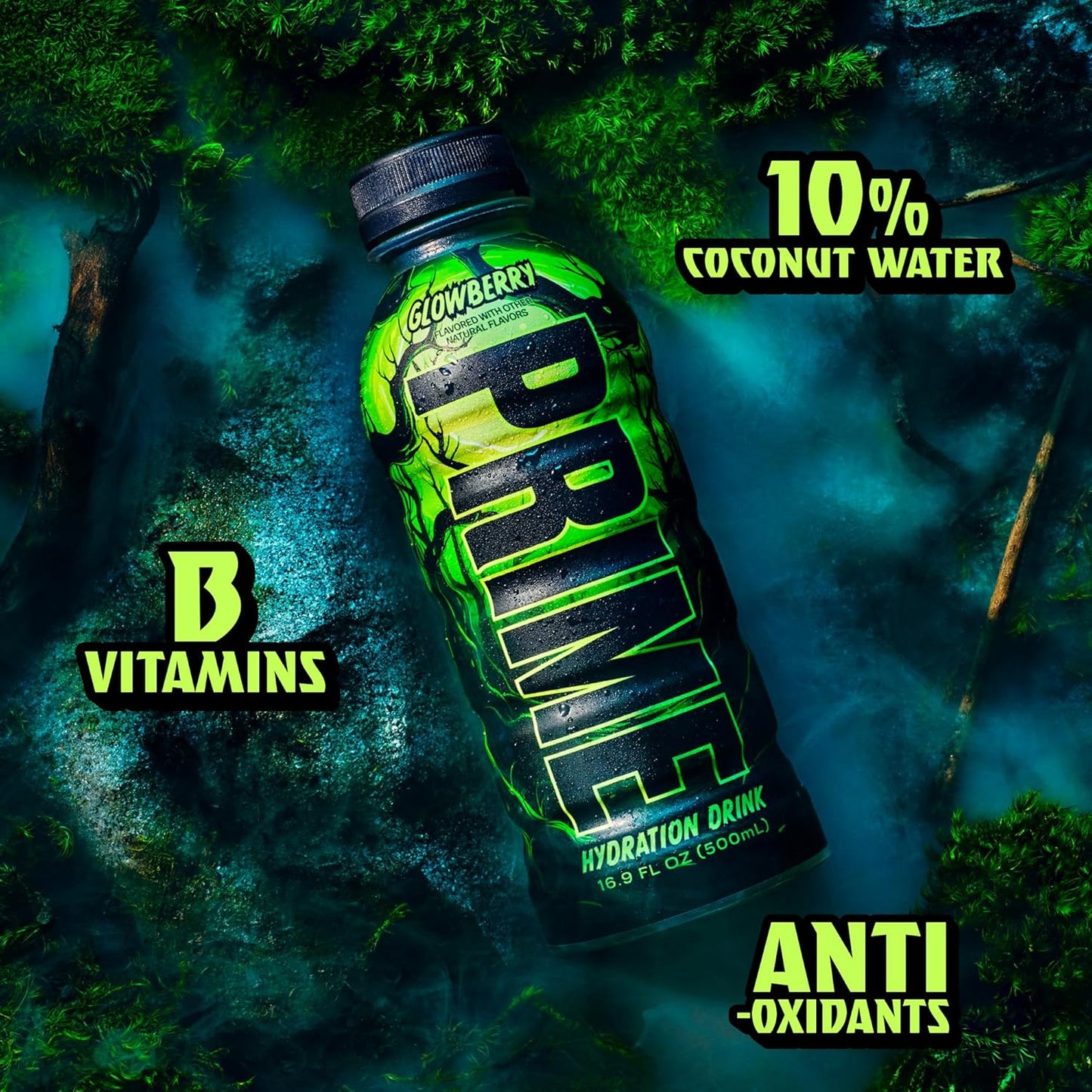 PRIME Hydration GLOWBERRY, Sports Drinks, Electrolyte Enhanced for Ultimate Hydration, 250mg BCAAs, B Vitamins, Antioxidants, Low Sugar, 16.9 Fl Oz, 12 Pack