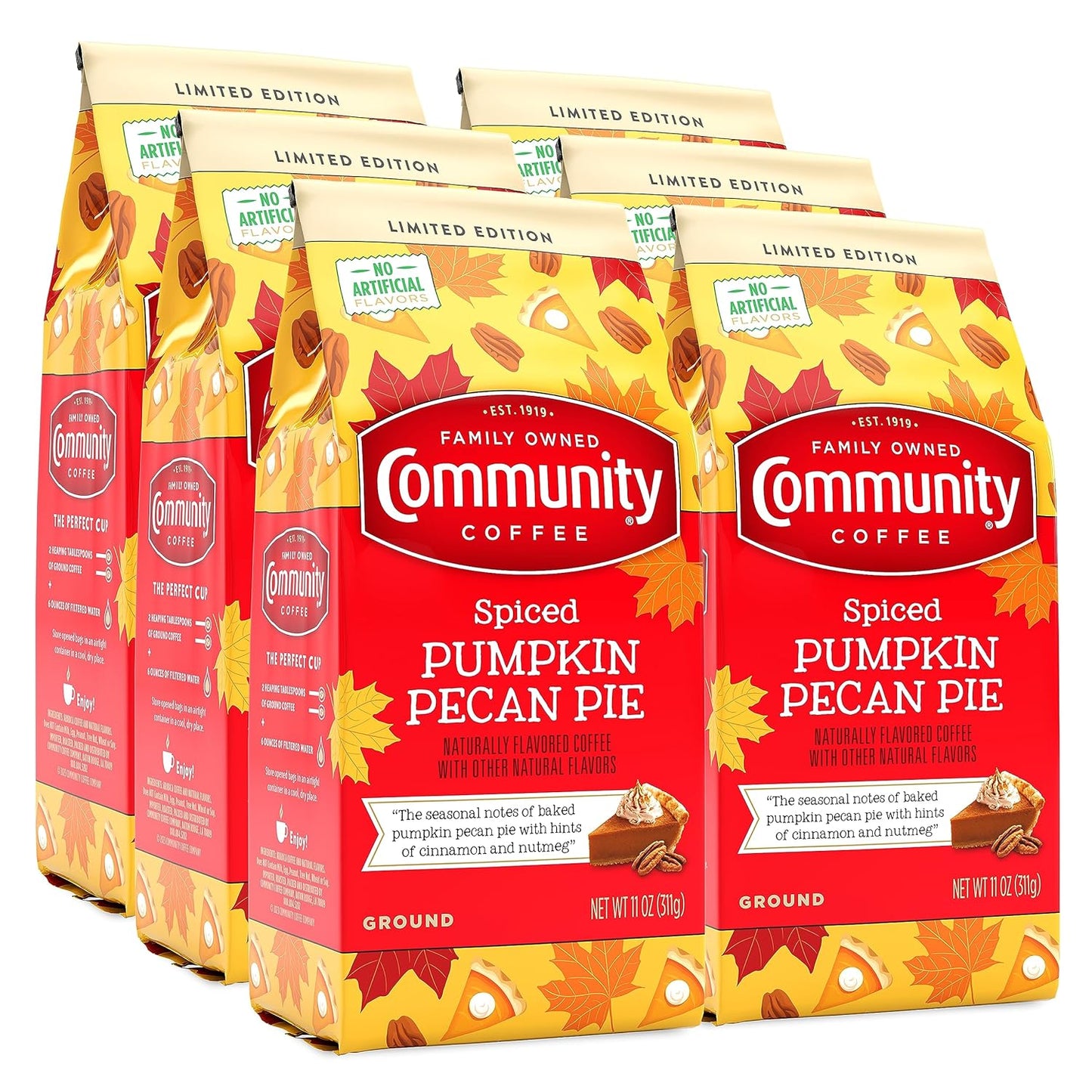 Community Coffee Spiced Pumpkin Pecan Pie Flavored Ground Coffee, Limited Edition, Medium Roast, 11 oz Bag (Pack of 6)